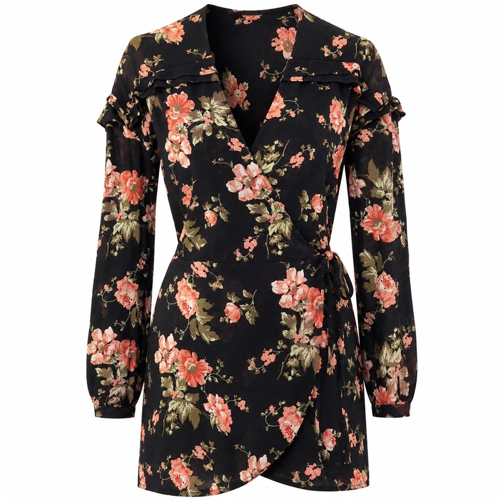 Reformation Mini Dress Floral Faux Wrap Black Ruffle Long Sleeve Made USA 4